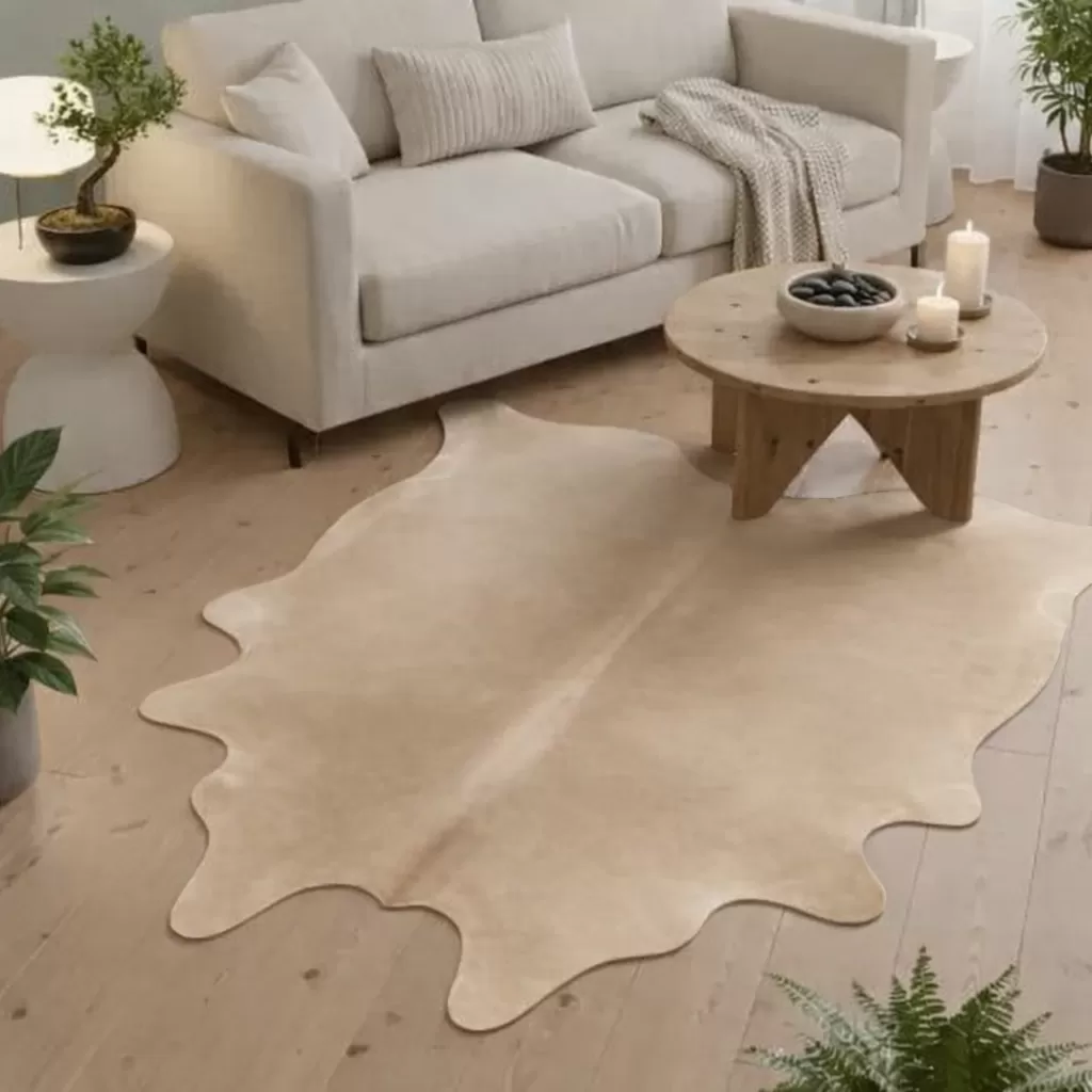 Beige cowhide rug styling