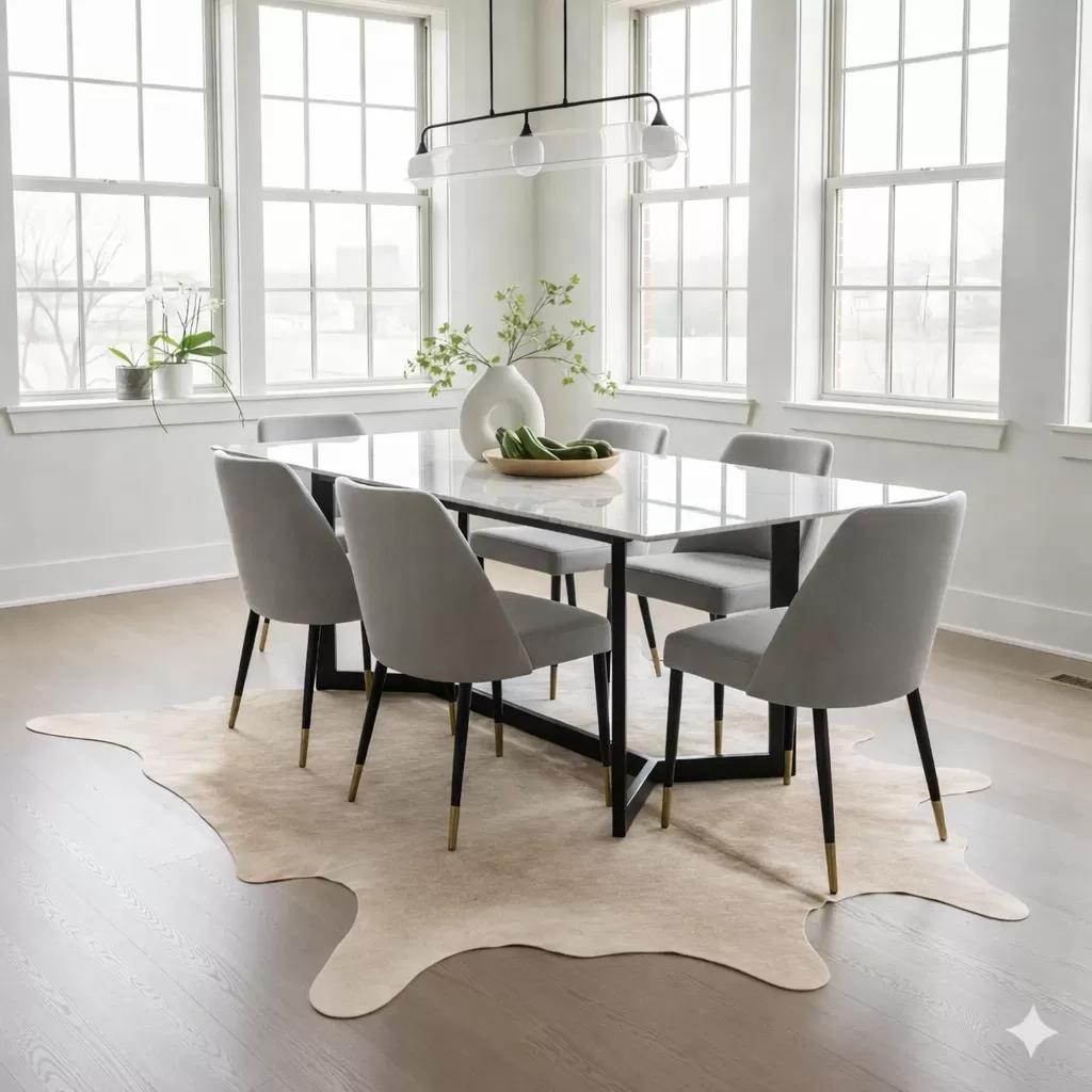 Beige cowhide rug styling
